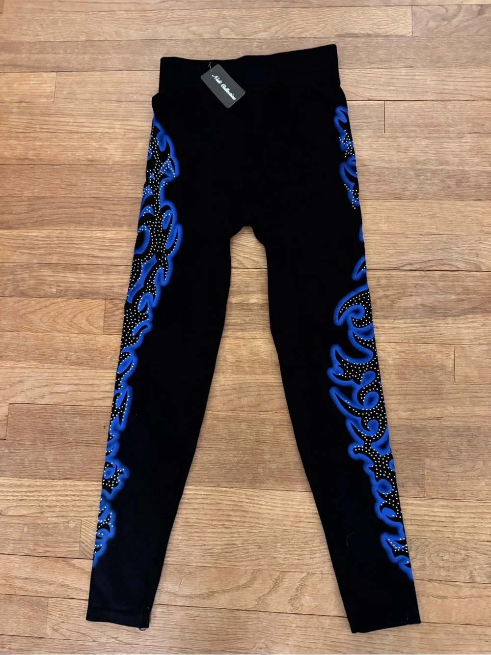 NWT Nali Collection Women's Black Blue Rhinestone Flame Leggings - One Size b11